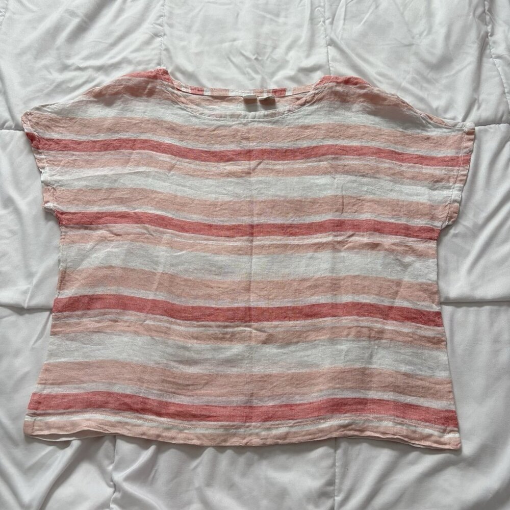 Womens Size Large 100% Linen Striped Short Sleeve T-Shirt Top Blouse Summer City